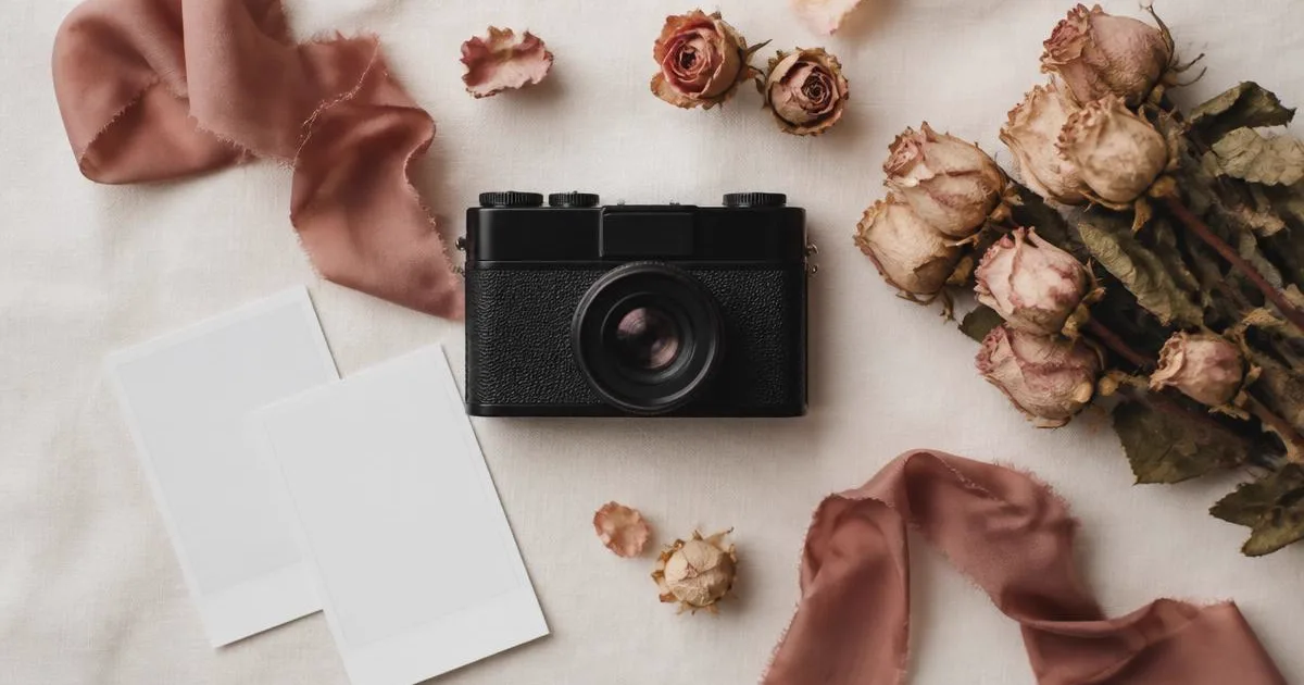 Fotoaparát, prázdné fotografie a sušené růže na krémovém plátně