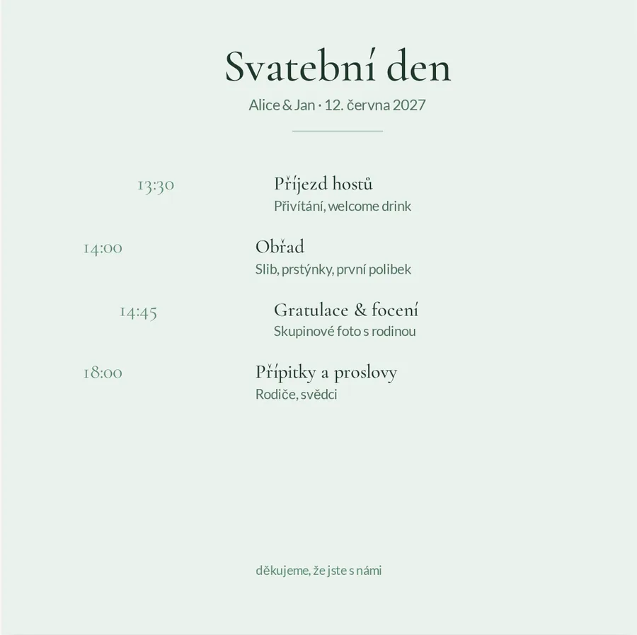 Vytištěný plakátek s programem svatebního dne