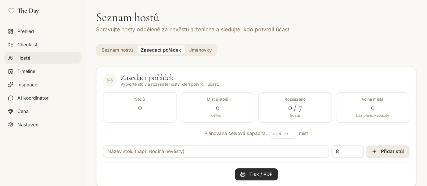 Rozpis svatebních stolů a rozsazení hostů